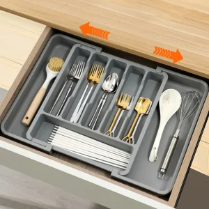 Organisateur tiroir cuisine extensible réglable compartiments modulables profonds plastique rigide gris mat design moderne minimaliste séparateurs coulissants rangement couverts