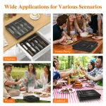 organisateur couverts tiroir couvercle transparent anti poussière humidité six compartiments longs couteaux cuillères fourchettes compact empilable plastique PP gris noir