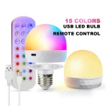 Ampoule intelligente LED Rechargeable E27, contrôle USB de la température de couleur, 15 niveaux de luminosité, fonction minuterie RGB avec télécommande