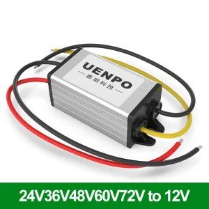 convertisseur abaisseur tension continu universel 36V48V60V72V vers 12V compact aluminium brossé fixation câbles dénudés sorties 1A5A 50W certifications CE UL