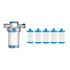 Filtre préfiltre eau domestique robinet douche machine laver inox maille acier 60 microns cartouches remplaçables transparent bleu