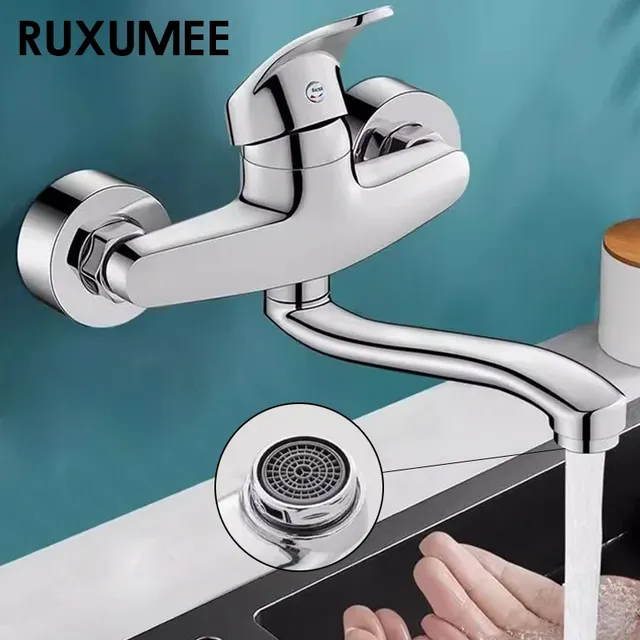 Robinet de cuisine mural rotatif en Chrome poli – vue 2