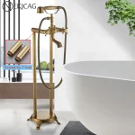 Robinet de baignoire autoportant en laiton Antique, salle de bains, montage au sol, ensemble de douche à double poignées avec mitigeur de douchette