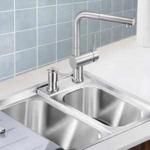 Distributeurs de savon liquide avec bouteille de 500ml, pompe en acier inoxydable pour évier de cuisine, distributeur de savon chromé/Nickel intégré Distributeurs de savon liquide avec bouteille de 500ml, pompe en acier inoxydable pour évier de cuisine, distributeur de savon chromé/Nickel intégré