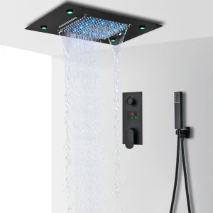 Ensemble de robinets de douche à affichage numérique LED noir, cascade de pluie, système de baignoire-douche, télécommande, couleurs LED, robinet monté au plafond Ensemble de robinets de douche à affichage numérique LED noir, cascade de pluie, système de baignoire-douche, télécommande, couleurs LED, robinet monté au plafond
