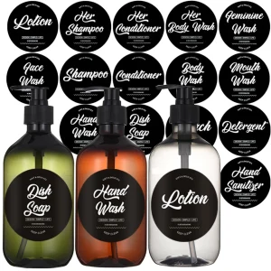 Distributeur de pompe à savon avec étiquettes étanches, salle de bains cuisine, shampoing rechargeable, Gel douche, savon à main, conteneur de sous-bouteilles