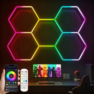 Lampe garage hexagonale RVB contrôlable application télécommande multicolore modulable aluminium LED six panneaux modulaires muraux gamer néon dynamique