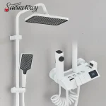 Douchette Blanche à 4 Voies avec Bouton Réer, Pommeau de Douche à Effet Pluie, Douchette à Main, Bec de Baignoire avec Bidet