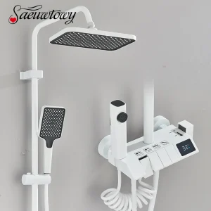 Douchette Blanche à 4 Voies avec Bouton Réer, Pommeau de Douche à Effet Pluie, Douchette à Main, Bec de Baignoire avec Bidet Douchette Blanche à 4 Voies avec Bouton Réer, Pommeau de Douche à Effet Pluie, Douchette à Main, Bec de Baignoire avec Bidet