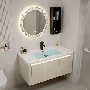 meuble vasque suspendu trois portes monobloc blanc cuve rectangulaire intégrée finition laquée crème miroir rond rétroéclairé