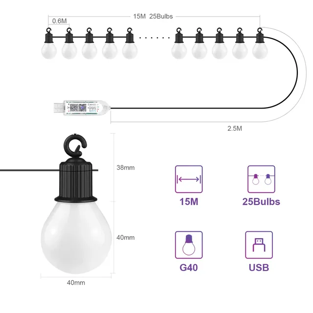 Smart WIFI G40 LED ampoule chaîne lumière USB 15M 25… – vue 2