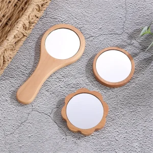 Miroir à main rond en bois vintage pour femme, compact, portable, cosmétique, maquillage, vanité, voyage Miroir à main rond en bois vintage pour femme, compact, portable, cosmétique, maquillage, vanité, voyage