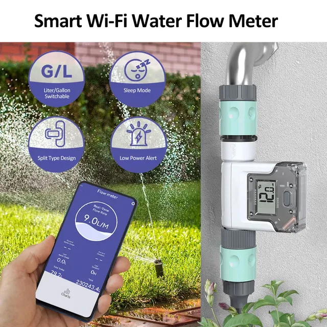 Débitmètre d'eau Wi-Fi pour tuyau d'arrosage