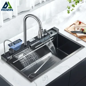 Évier de cuisine en acier inoxydable avec robinet, affichage numérique, grand bol simple, cascade de pluie, système de 5 fonctions, lavabo à vaisselle