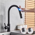 Robinet de cuisine tactile extractible avec capteur de nickel brossé, en acier inoxydable noir, robinet mixte à Induction intelligente, robinet d&rsquo;évier à commande tactile
