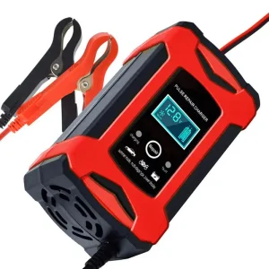chargeur batterie intelligent 12V automatique maintenance réparation désulfatation impulsion affichage écran bleu antichoc ABS rouge noir pinces crocodiles