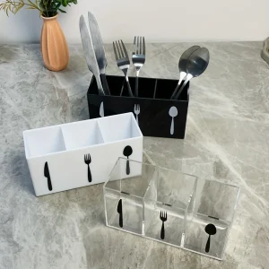 organisateur couverts acrylique trois compartiments rectangulaire empilable compact minimaliste transparent blanc noir plastique plexi durable léger tiroir plan travail ustensiles