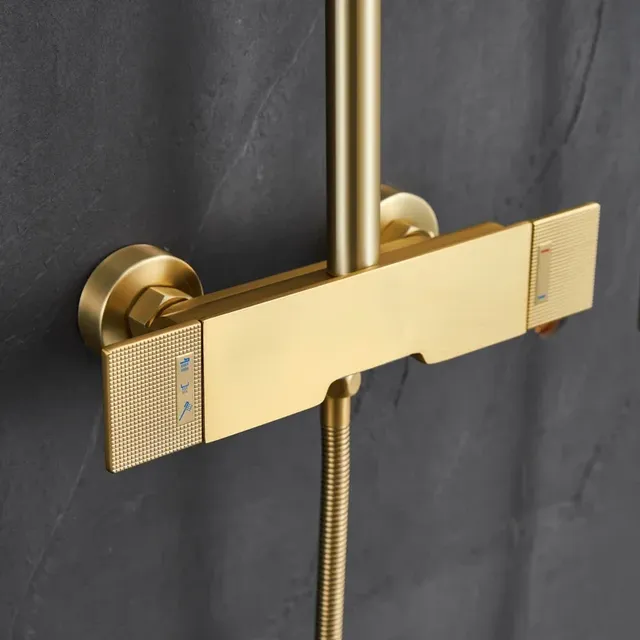 Colonne douche thermostatique dorée pommeau carré pluie… – vue 7