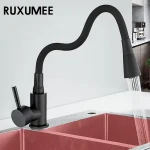 Robinet de cuisine Flexible et rotatif à 360 degrés, lavabo Flexible, mitigeur d&rsquo;eau froide et chaude à poignée unique, montage sur pont noir