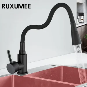 Robinet de cuisine Flexible et rotatif à 360 degrés, lavabo Flexible, mitigeur d&rsquo;eau froide et chaude à poignée unique, montage sur pont noir