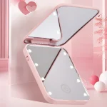 miroir maquillage pliable compact LED portable voyage rose blanc ABS verre tactile rechargeable lithium léger réglable charnière lumineux gradation infinie