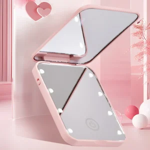 miroir maquillage pliable compact LED portable voyage rose blanc ABS verre tactile rechargeable lithium léger réglable charnière lumineux gradation infinie