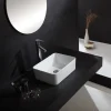 vasque rectangulaire céramique blanche brillante minimaliste compacte angles adoucis bonde centrale sans perçage compatible mitigeur haut