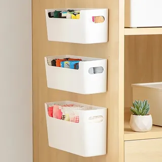 Lot trois paniers rangement muraux plastique rigide blanc…