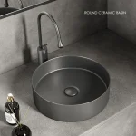 Lavabo de salle de bain moderne en céramique : blanc/gris foncé, finition mate, diamètre 36 cm/14 pouces, adapté à la vanité de salle de bain (sans robinet)