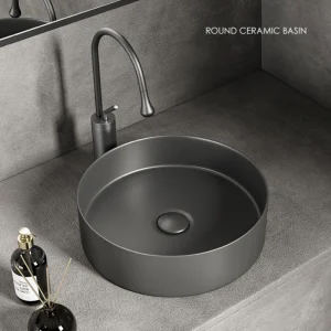 Lavabo de salle de bain moderne en céramique : blanc/gris foncé, finition mate, diamètre 36 cm/14 pouces, adapté à la vanité de salle de bain (sans robinet) Lavabo de salle de bain moderne en céramique : blanc/gris foncé, finition mate, diamètre 36 cm/14 pouces, adapté à la vanité de salle de bain (sans robinet)