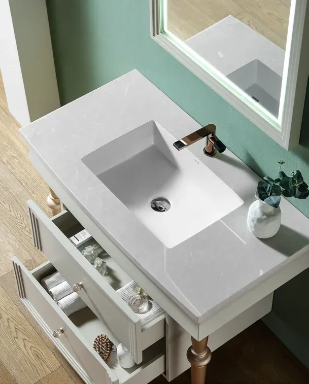 Meuble vasque mural moderne gris clair perle plan quartz…