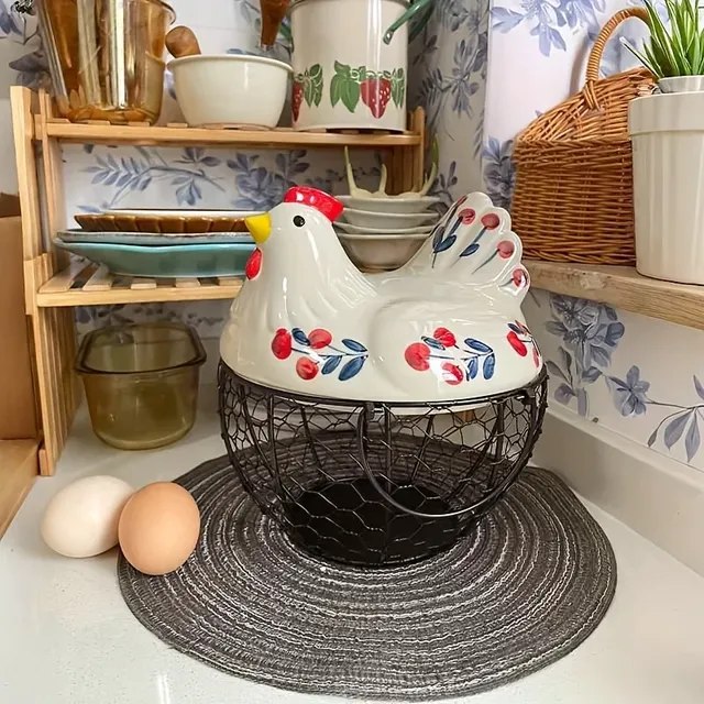 Panier oeufs poule céramique couvercle amovible peint… – vue 3