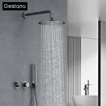 Système de pomme de douche mural gris pistolet en laiton de luxe avec design minimaliste, robinet de salle de bains à eau chaude et froide à double poignée
