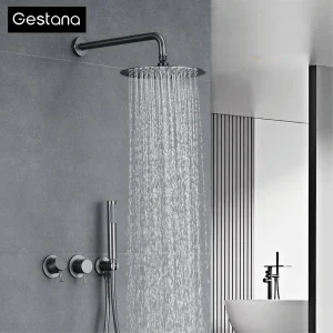 Système de pomme de douche mural gris pistolet en laiton de luxe avec design minimaliste, robinet de salle de bains à eau chaude et froide à double poignée Système de pomme de douche mural gris pistolet en laiton de luxe avec design minimaliste, robinet de salle de bains à eau chaude et froide à double poignée