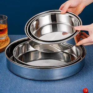 Bassin rond en acier inoxydable 304 pour le stockage des aliments et fruits, assiette profonde avec poignée, plat de cuisson pour casseroles JXPans, ensembles d&rsquo;assiettes à dîner