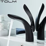 Tolm lavabo évier salle de bains robinet monté sur le pont, robinets mélangeurs de lavabo d&rsquo;eau chaude et froide, lavabo noir mat évier dauphin monté sur le pont