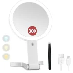 ABZV-miroir grossissant Double face 30X/1X avec lumière intégrée, miroir de maquillage de voyage avec grossissement éclairage 3 couleurs