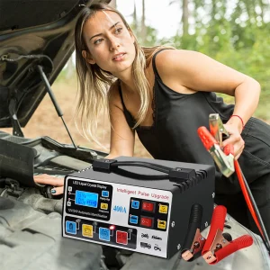 Chargeur batterie intelligent 400A 220W 12V 24V portable métallique noir poignée écran rétroéclairé compact réparation impulsion cinq niveaux six protections Chargeur batterie intelligent 400A 220W 12V 24V portable métallique noir poignée écran rétroéclairé compact réparation impulsion cinq niveaux six protections