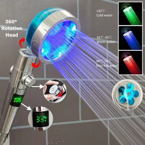 Pommeau de douche LED avec bouton d&rsquo;arrêt, changement de couleurs, affichage numérique de la température, pomme de douche Turbo haute pression, accessoires de salle de bains