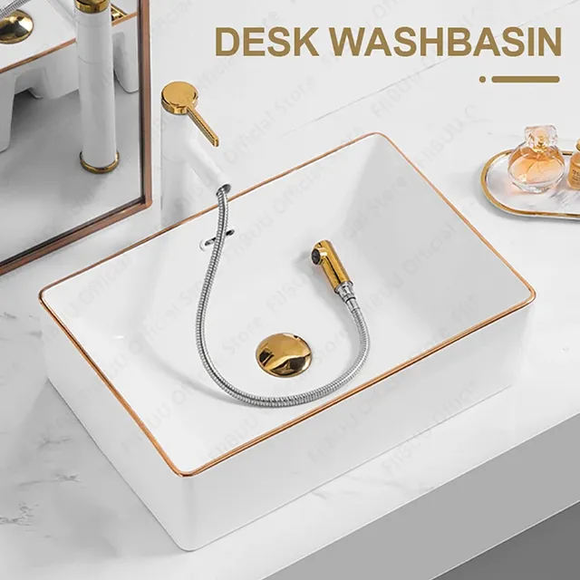 Évier de table en céramique blanche avec bord doré – vue 2