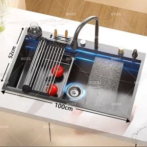 Évier de cuisine cascade en acier inoxydable, Extra Large, fente unique, éviers multifonctionnels pour la vaisselle, lavabo sous plan, lave-tasse