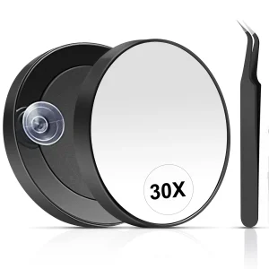 miroir grossissant 30X rond compact fixation ventouse noir mat verre précision maquillage épilation pince épilatoire acier inoxydable portable voyage