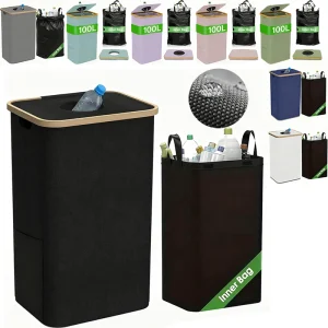 Sac de rangement pour recyclage de cuisine, grande capacité avec couvercle et poignées, panier à linge pliable, collecte de bouteilles d’eau usée portables Sac de rangement pour recyclage de cuisine, grande capacité avec couvercle et poignées, panier à linge pliable, collecte de bouteilles d’eau usée portables