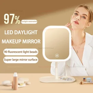 Miroir de maquillage intelligent LED lumineux avec lumière, miroir de vanité Rechargeable pour chambre à coucher, coiffeuse, beauté, coiffure, soins de la peau