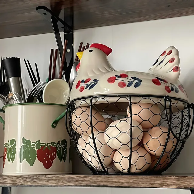 Panier oeufs poule céramique couvercle amovible peint… – vue 2