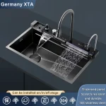 Évier de cuisine en acier inoxydable SUS304, épais noir, avec conception de cascade de baleine et bol de lavage de légumes en nid d&rsquo;abeille