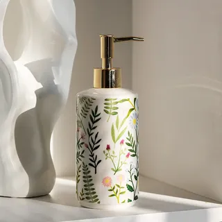 Distributeur savon céramique blanc pompe dorée motif floral botanique…