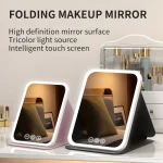 Miroir de maquillage LED à intensité variable, 3 couleurs, avec écran tactile, pliable, cosmétique, table rechargeable, pour voyage et usage domestique