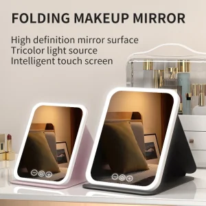 Miroir de maquillage LED à intensité variable, 3 couleurs, avec écran tactile, pliable, cosmétique, table rechargeable, pour voyage et usage domestique