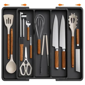Grand organisateur d&rsquo;ustensiles de cuisine en plastique extensible et réglable, porte-couverts, séparateur d&rsquo;outils pour usage domestique, plateau de rangement de cuisine